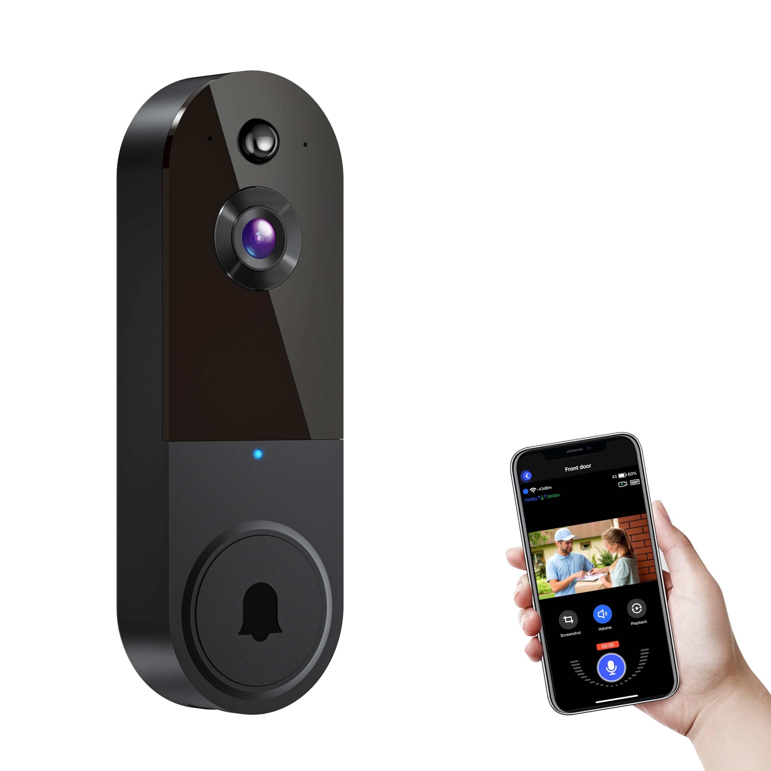 1080p Wireless Video Doorbell Camera, AI Human Detection, 2-Way Talk, Live View, Night Vision, Cloud Storage, 2.4G WiFi Only, Battery Powered, Indoor Outdoor Surveillance (Black)
