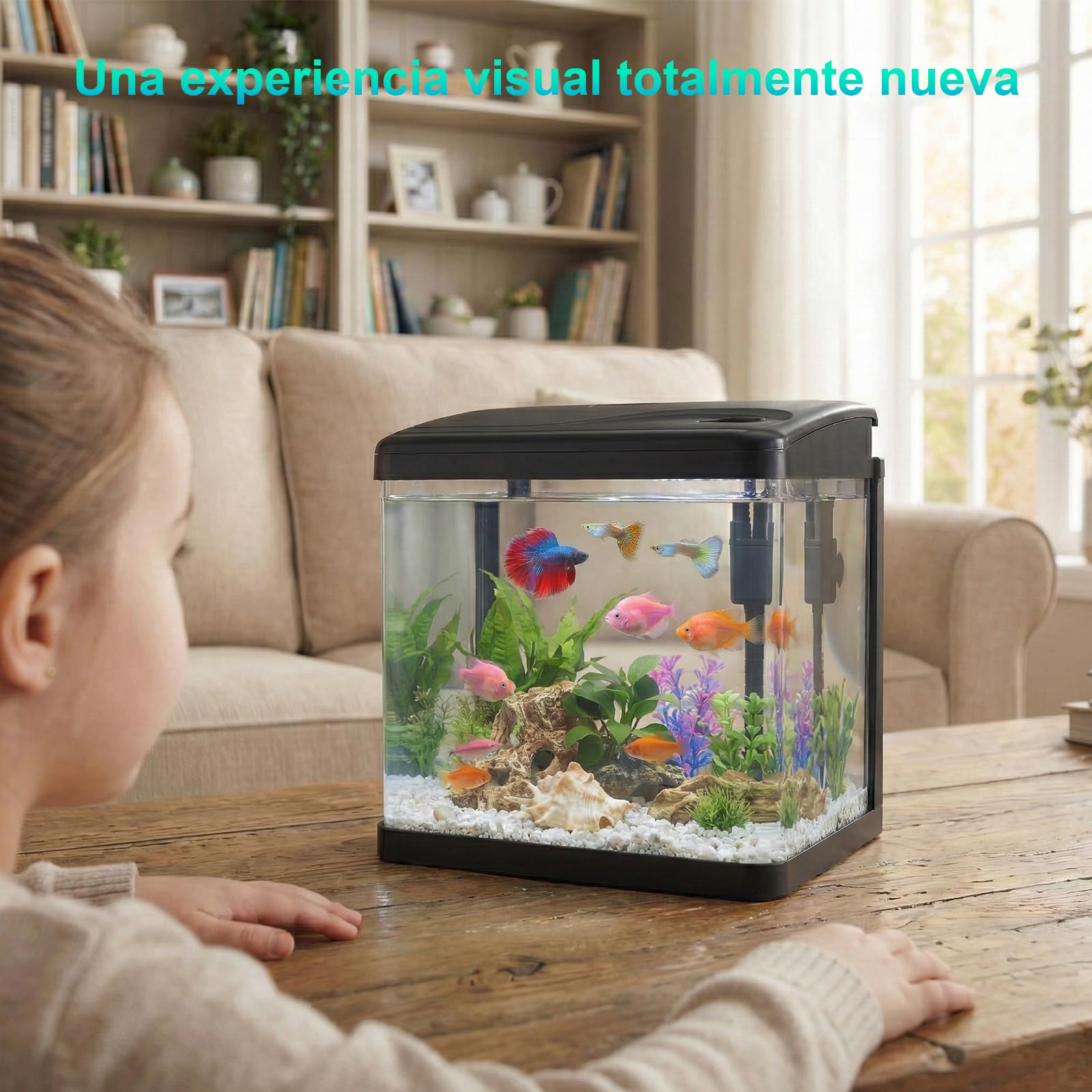 6L Acuario de Cristal Acuarios y Peceras Completas,con Sistema de Filtrado Integrado e Iluminación LED,Acuarios de Iniciación, Negro