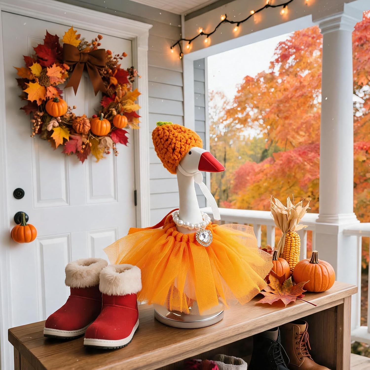 7 Inch Desk Goose Fall Outfit, Mini Desktop Goose Thanksgiving Orange Tutu Dress with Orange Knit Hat & Pearl-Diamond Necklace for Desktop Porch Goose Decor, Festive Desk Goose Outfits image 5