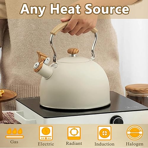 Miniatura 8 de Tetera de 2.6 cuartos de galón, tetera silbante de acero inoxidable de grado alimenticio con mango de madera, funciona para todas las estufas