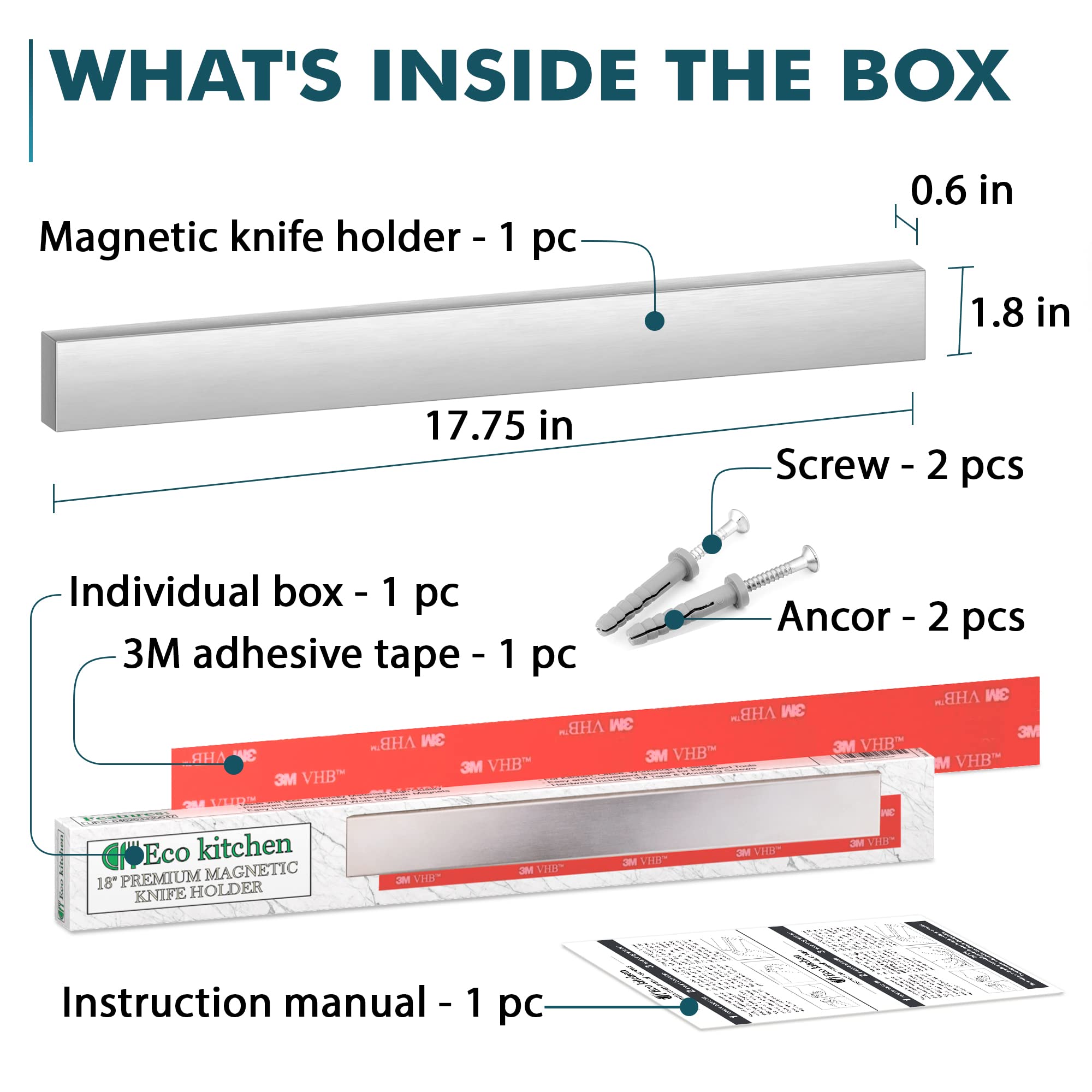 Magnetic Knife Holder for Wall no Drill - Knife Magnetic Strip no Drilling 18 inch - Stainless Steel Knife Magnet Bar Rack with 3M Adhesive Tape