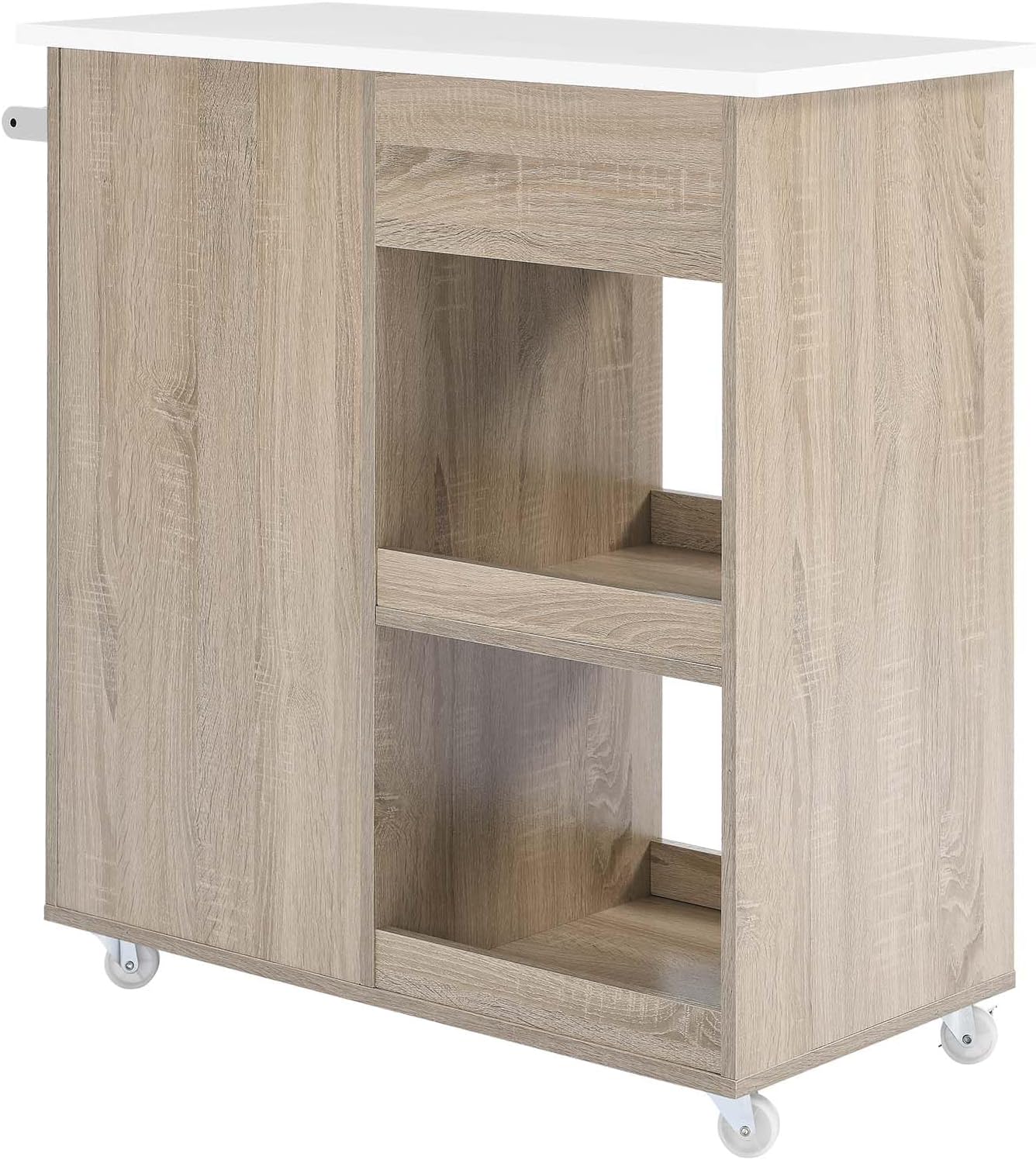 Modway Culinary Rolling Kitchen Cart with Storage in Oak White - 3 Tiers Kitchen Island on Wheels with Towel Bar, Functional as a Coffee Station, Bar Cabinet or Butcher Block Island