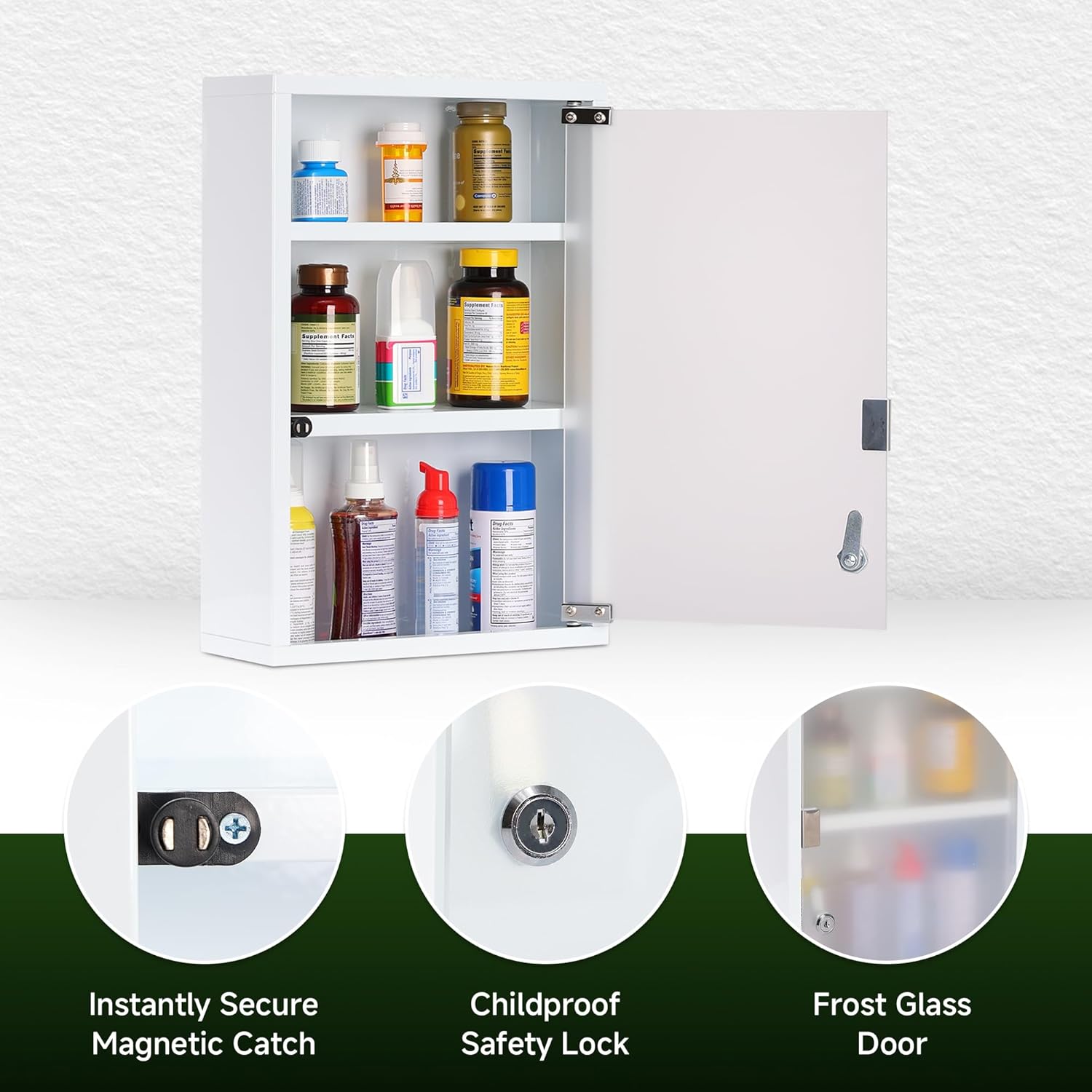 Locking Medicine Cabinet, First Aid Cabinet Wall Mount, 3-Shelf Modern Glass Door Medical Cabinet Organizer for Office and Home