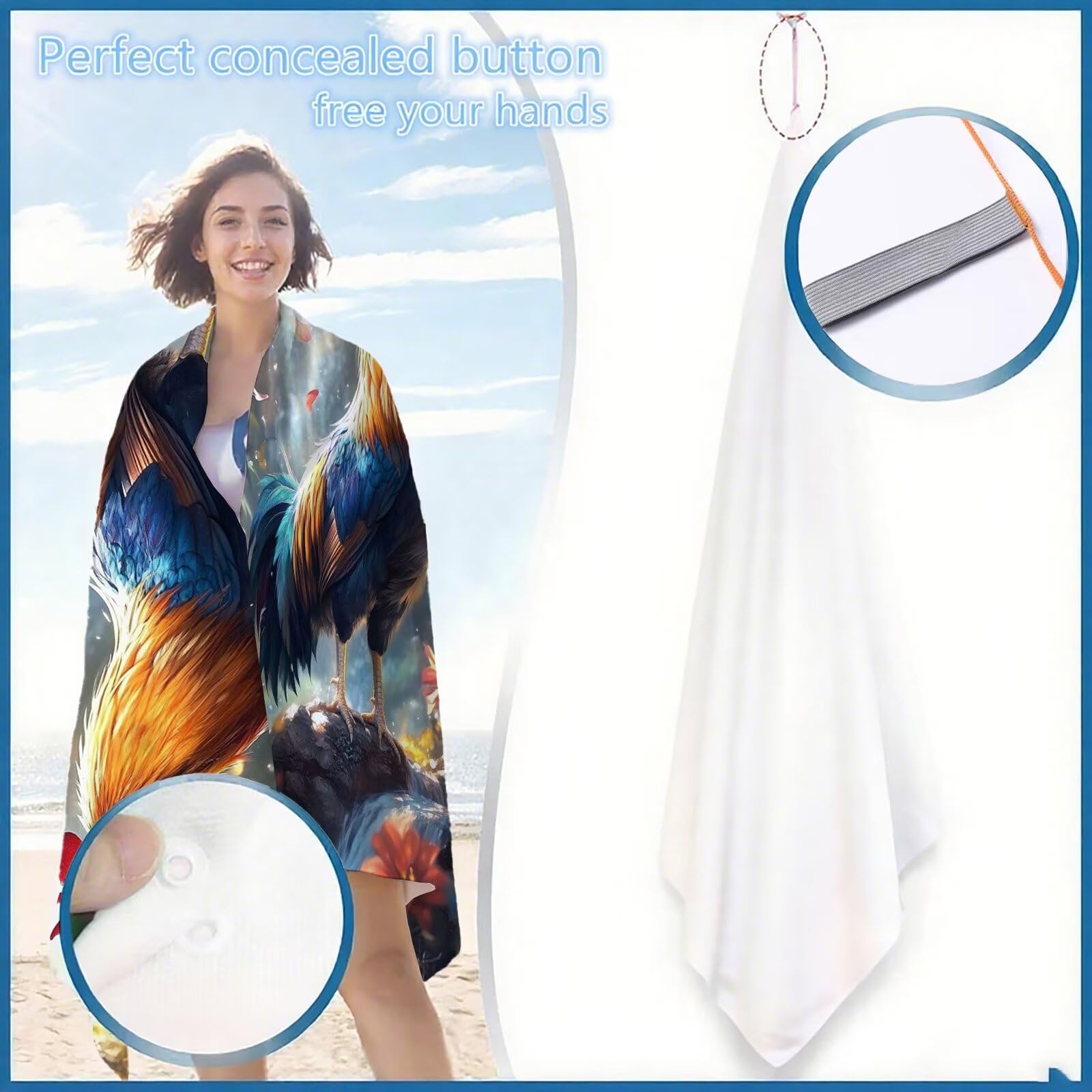 Mikrofaser Strandtuch 220x100cm, Huhn Strandtuch Blume Saunahandtuc 2 Stück Stranddecke Sandfrei, Schnell Trocknendes, Saugfahiges Strandmatte, Sporthandtuch für Reise Urlaub Schwimmen Camping OC-699