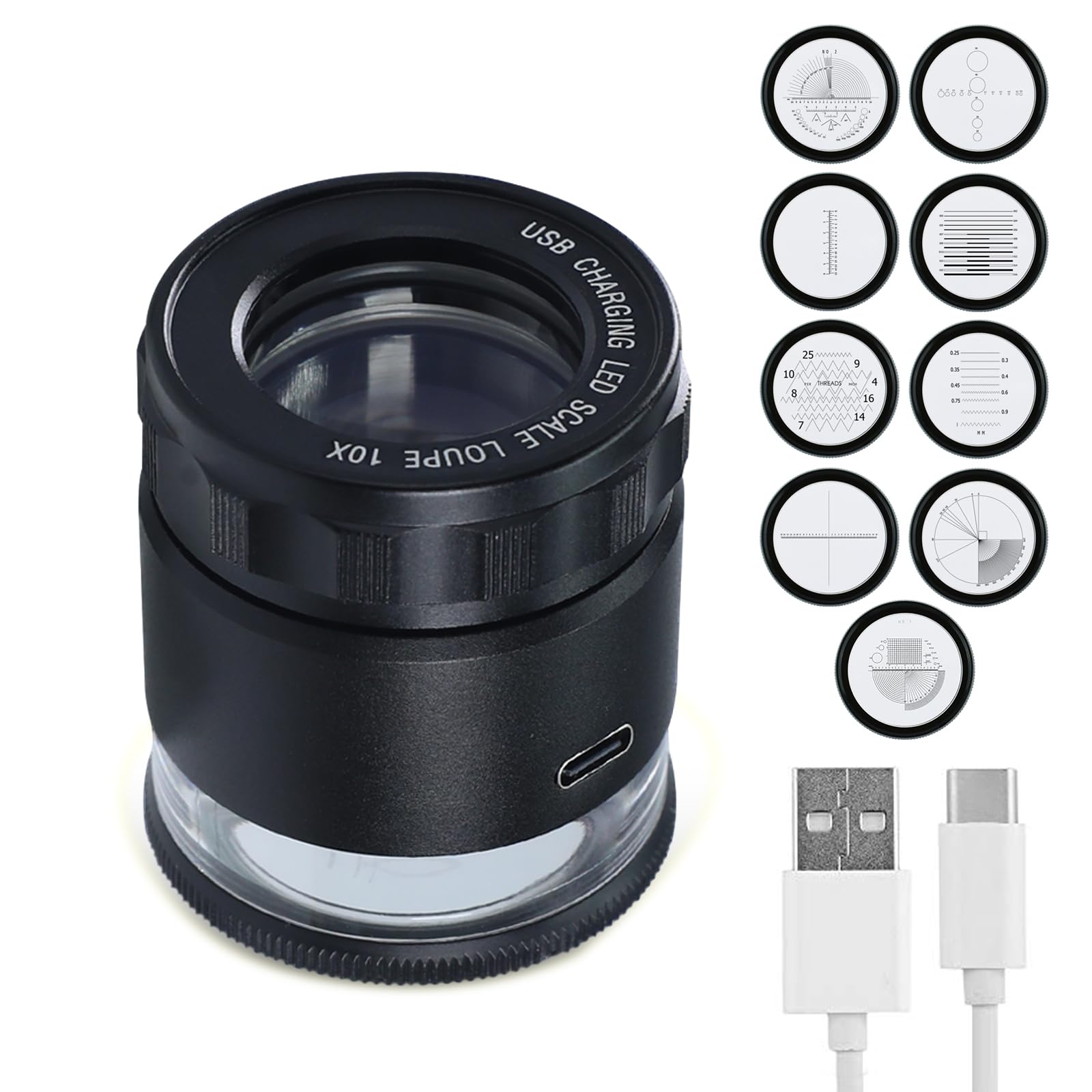 Lente di ingrandimento 10x ricaricabile gioielliere 8 reticolo staccabile scala di precisione, lente d'ingrandimento con 6 luci LED e messa a fuoco regolabile per lavori ravvicinati gioielli, gemme,