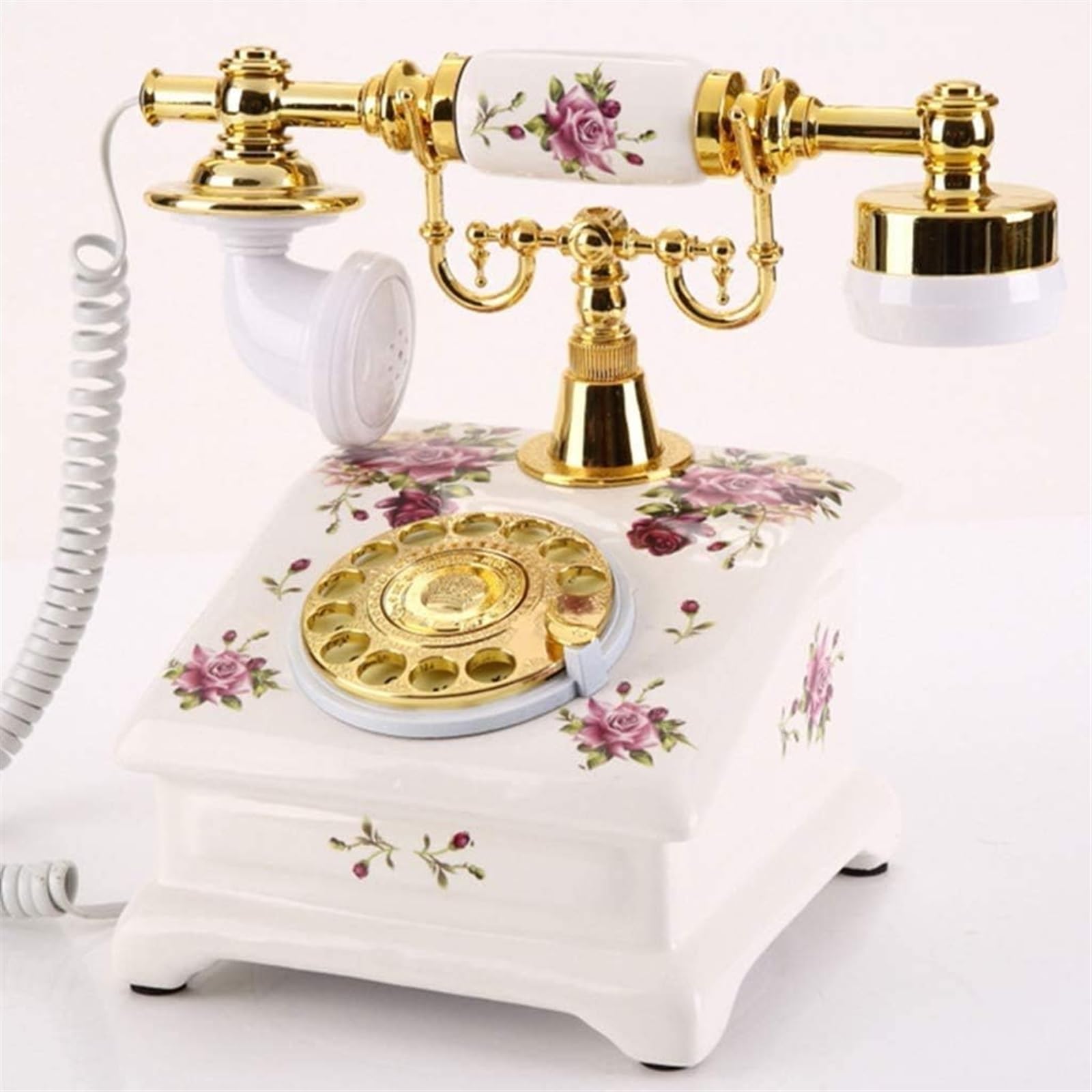 ELzEy Teléfono Retro de cerámica Europeo/Esfera giratoria de línea Fija Antigua/teléfono clásico Antiguo, Blanco