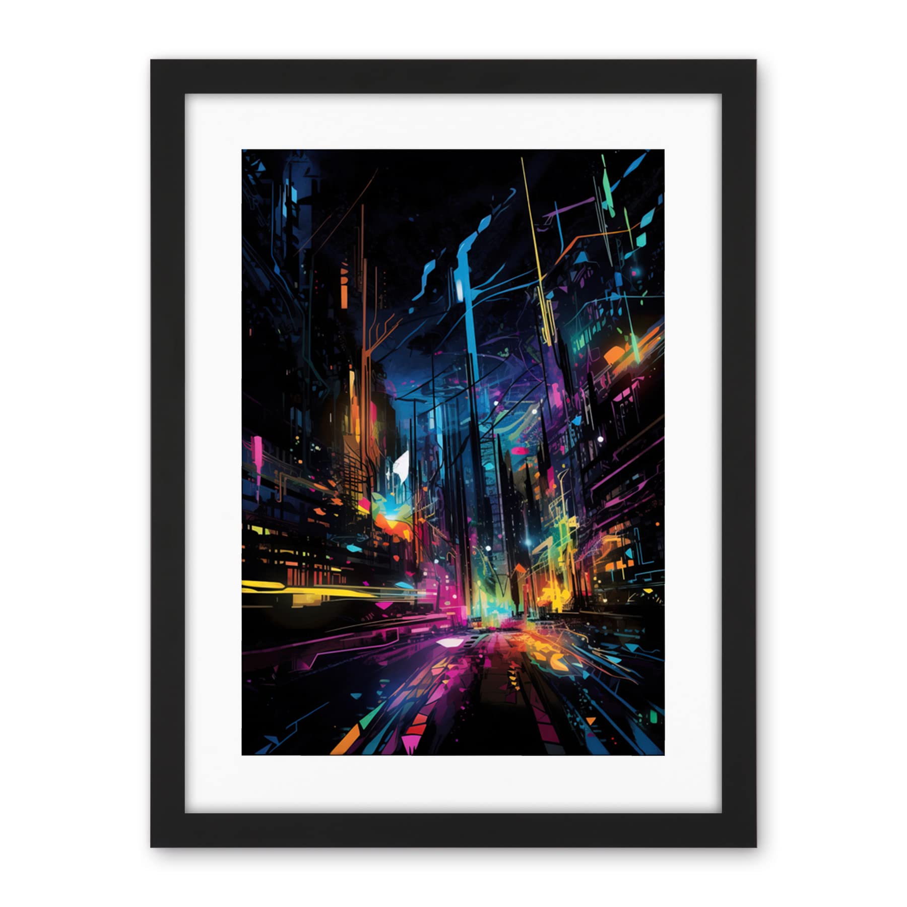 Artery8 New York City at Night Modern Abstract Neon Contrast Painting Artwork Framed Wall Art Print 18X24 Inch