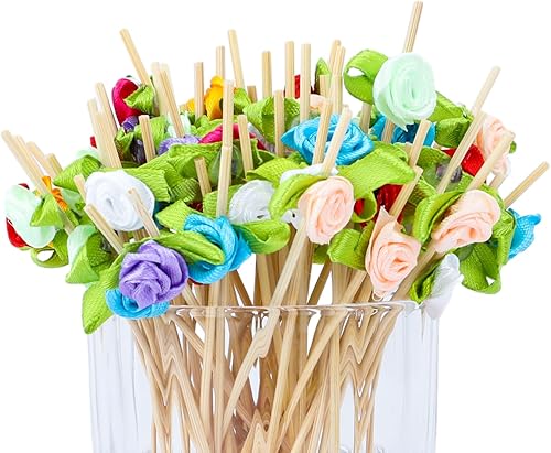 100 palillos de dientes de flores rojas para aperitivos de 4.7 pulgadas de largo, selecciones de cóctel de bambú, despedidas de soltera, bodas,