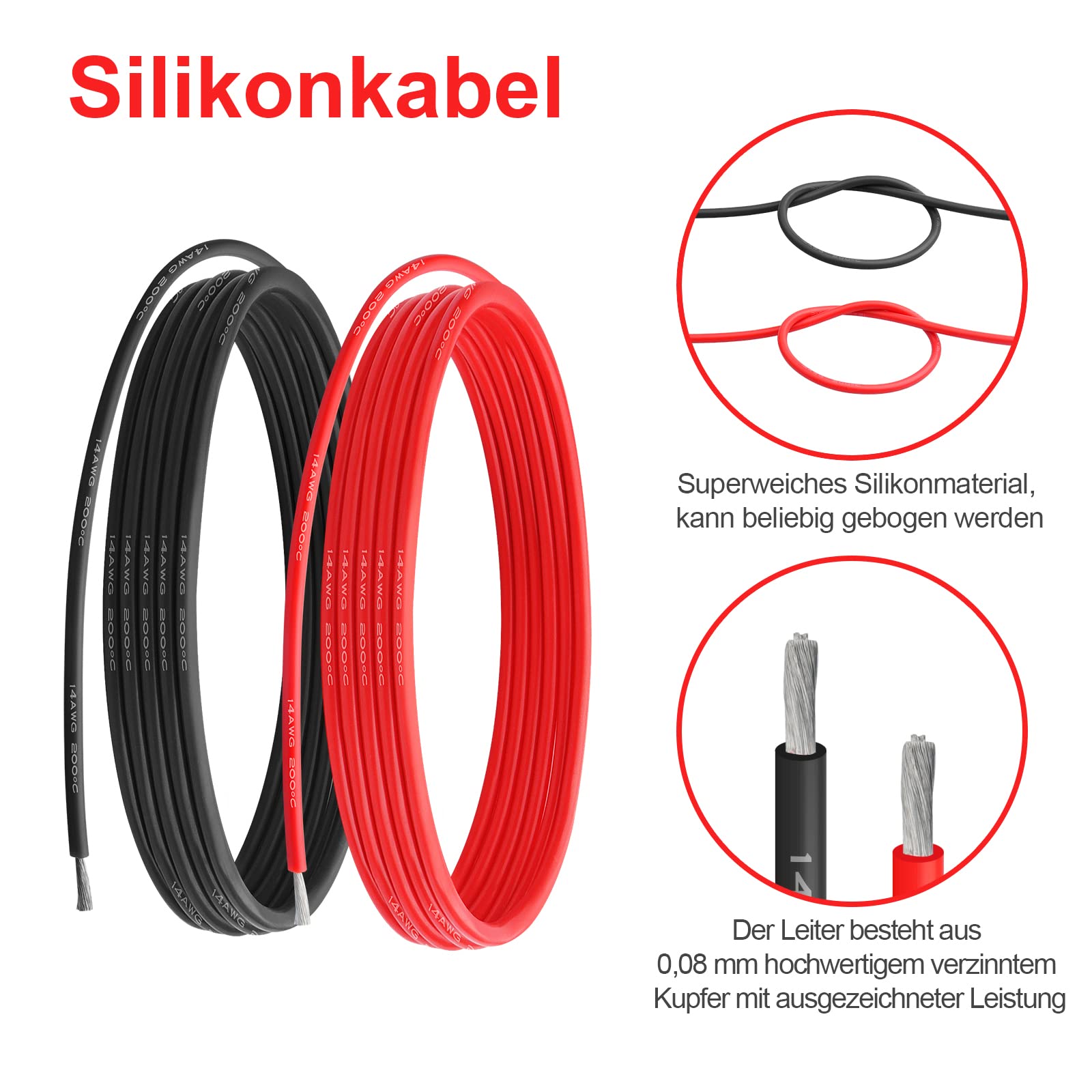 0,32 mm² 22 AWG siliconen elektrische draad kabel aansluiten 10 meter [5 meter zwart en 5 meter rood] Zacht en flexibel van vertind koperdraad Hoge temperatuurbestendigheid 200 graden Celsius 600V