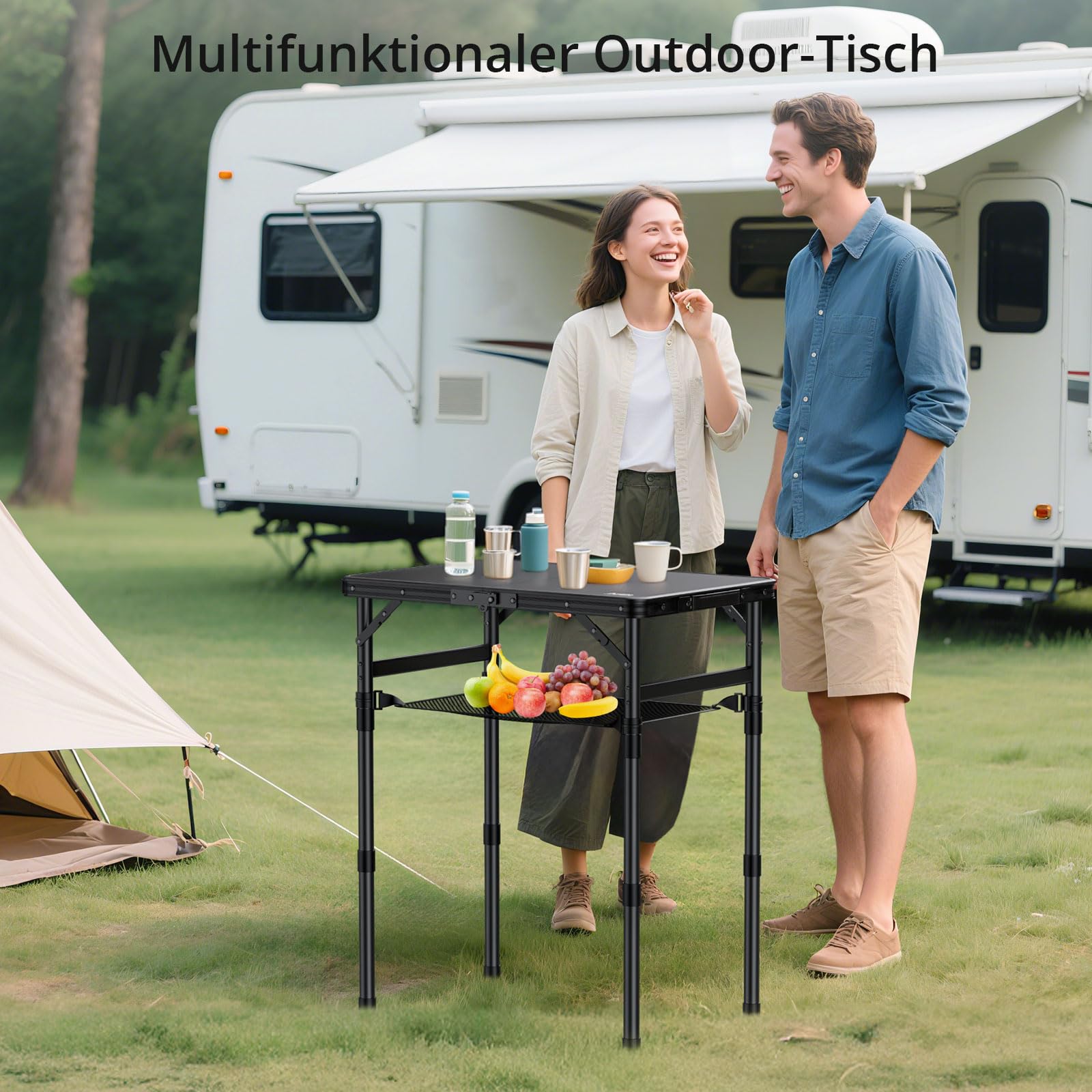Anbte Campingtisch Klappbar 58x40cm Aluminium-Rahmen & Kunststoff-Tischplatte mit 3 Höhen Verstellbar 26/48/70cm Picknicktisch mit Aufbewahrungsnetz Klapptisch für Garten Balkon (Ganz Schwarz)