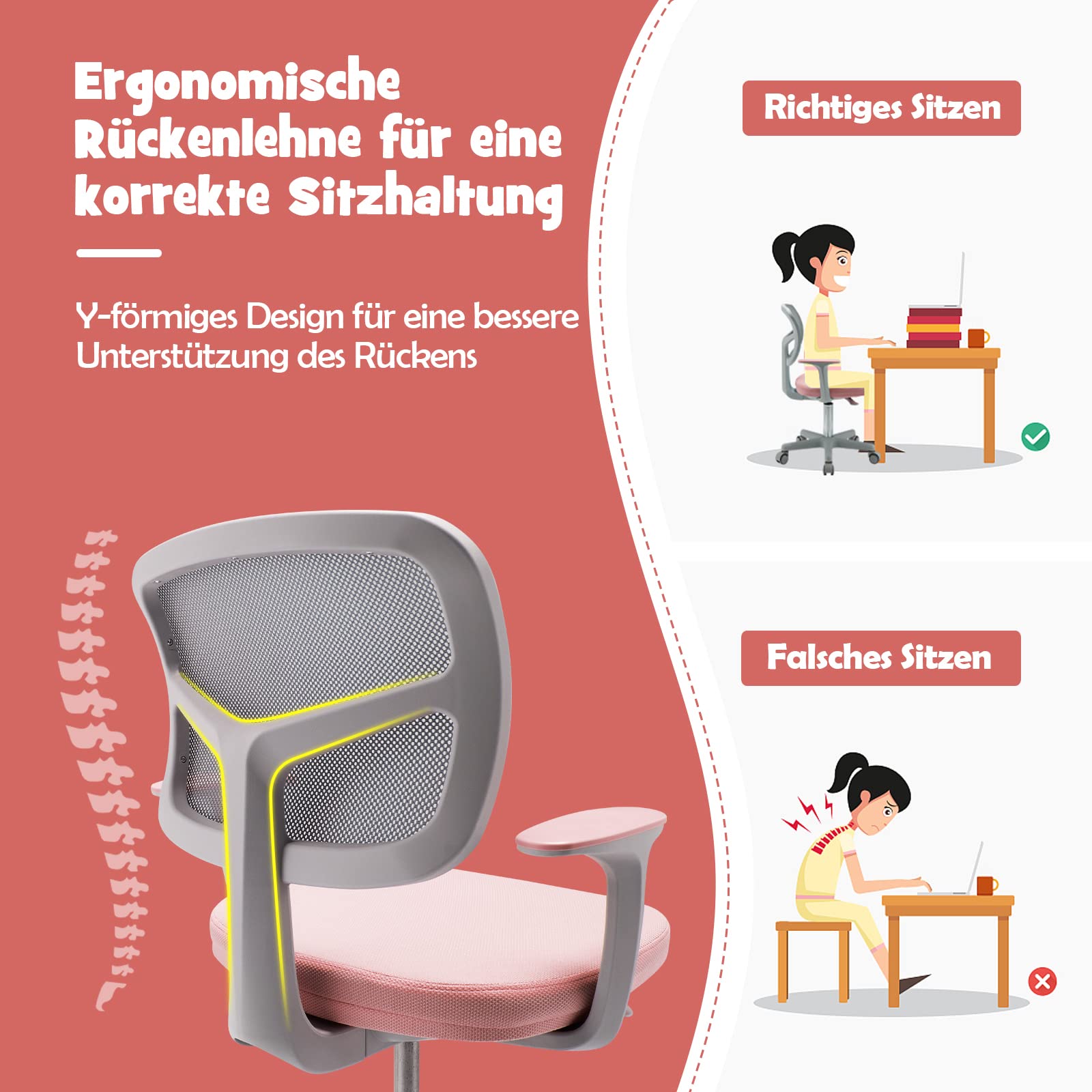 DREAMADE Kinder Schreibtischstuhl höhenverstellbar, ergonomischer Jugenddrehstuhl mit Rückenlehne & Armlehnen, Kinder Drehstuhl mit 5 Rollen, für Kinder 3-10 Jahre alt, bis 150kg belastbar (Rosa)