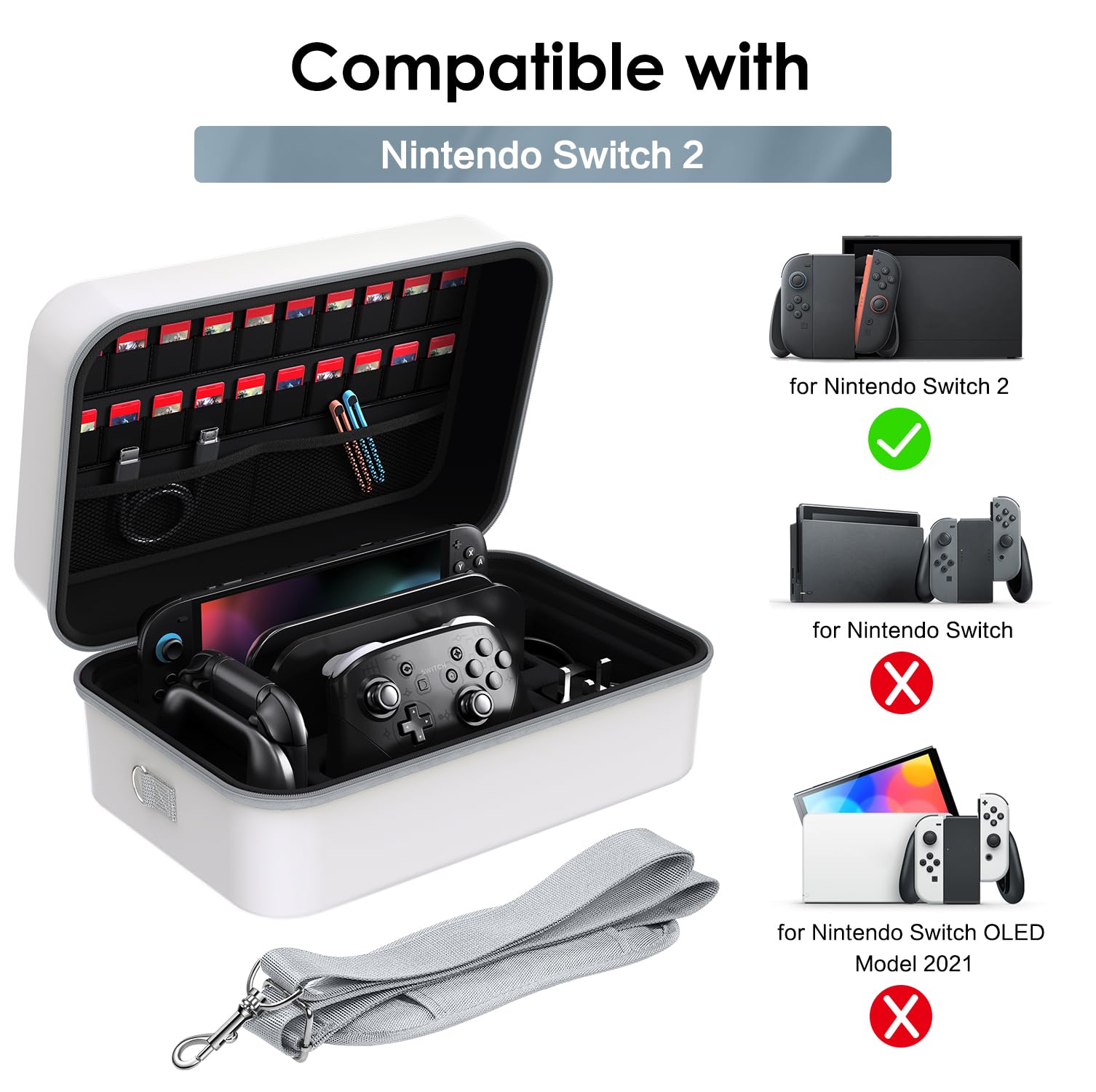ivoler Custodia per il trasporto per Nintendo Switch/per Switch OLED modello (2021), portatile da viaggio, custodia rigida a tracolla protettiva, fodera morbida, 18 giochi per console Switch Pro