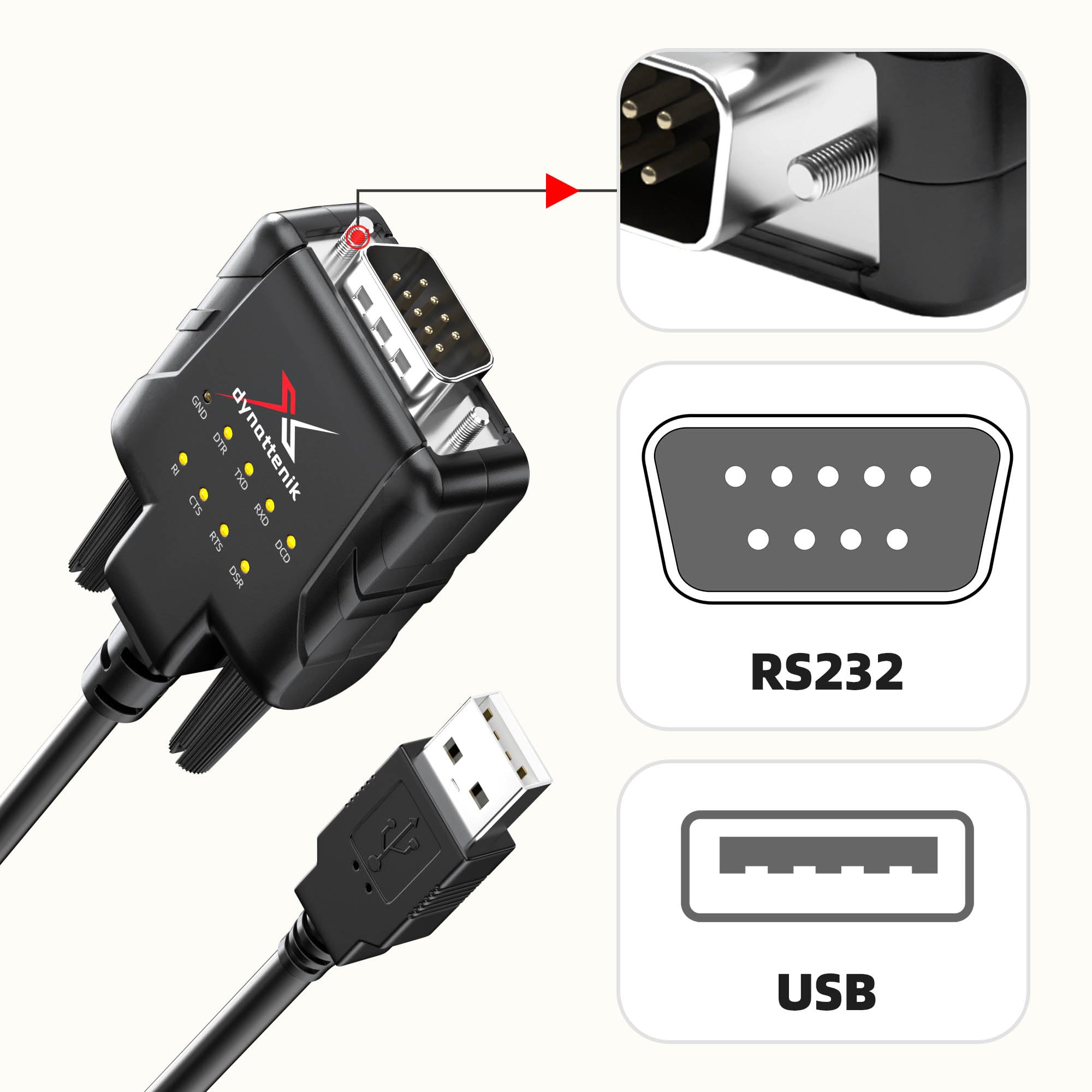 FTDI USB Seriell-Adapter mit ESD-Schutz & 9 Signal-LEDs – Industrieller RS232 Konverter für PC, Mac & Linux – Maschinensteuerung, Automatisierung & Entwicklung 【DeStatiX-A9, 6er-Pack】