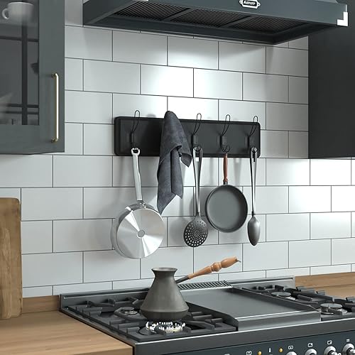 Miniatura 8 de Flash Furniture Daly Estante de almacenamiento para montaje en pared, madera de pino maciza, color negro, 24 pulgadas, 5 ganchos para colgar, para