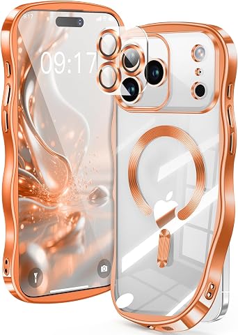[CD Ring & Curly Wave Edge] for iPhone 17 Pro Case, 2025 Upgraded [Full Camera Protection] [Compatible with MagSafe] Plating Soft Non-Yellowing Clear Case for 17 Pro 6.3 " Men Women ,Titanium Orange