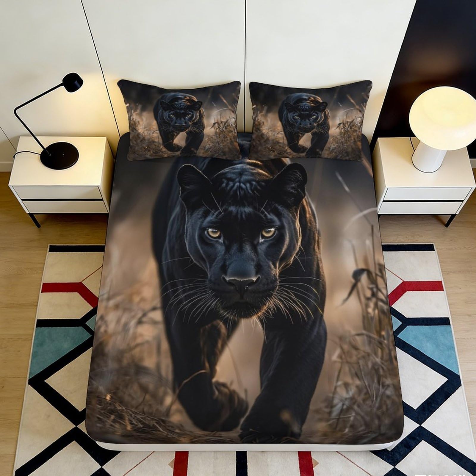3D Printed Black Panther Fitted Sheet Microfiber Soft Anti-Slip Jungle Night Mattress Cover for Bedroom Dorm Decor 180x200x25cm