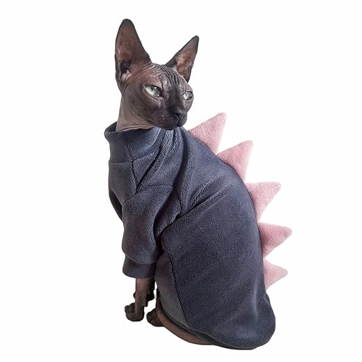 Dinosaur Sphynx Cat Clothes, Soft Polar Fleece Sweater for Cat, Elastic Pet Clothes Thick Winter Warm Outfit for Hairless Cat, Devon, Cornish, Small Dogs Apparel with Sleeves (Grey, Large)