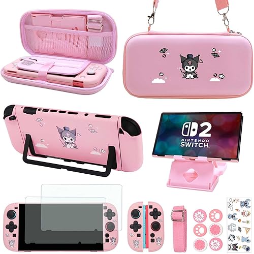 GUTIAL Accessories Set for Nintendo Switch 2 2025 - Cute Kawaii NS 2 Accessories kit for Grils Boys Kids with Travel Carrying Case and Cartoon Dockable Cover Case, Screen Protector, Stand