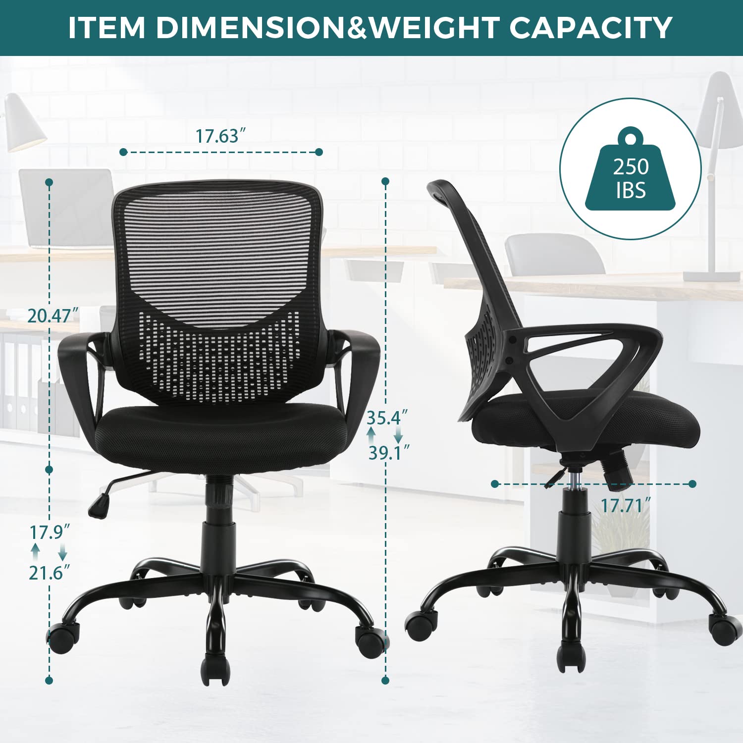SMUG Home Office - Sedia girevole ergonomica per computer, in rete, con schienale medio, regolabile, colore nero