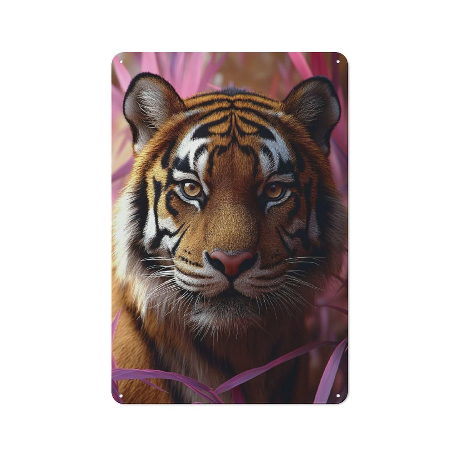 Tiger Portrait with Pink Foliage Farmhouse Metal Sign 30x20cm, Rustic Country Wall Plaque for Farmhouse Kitchen, Pantry Or Dining Area