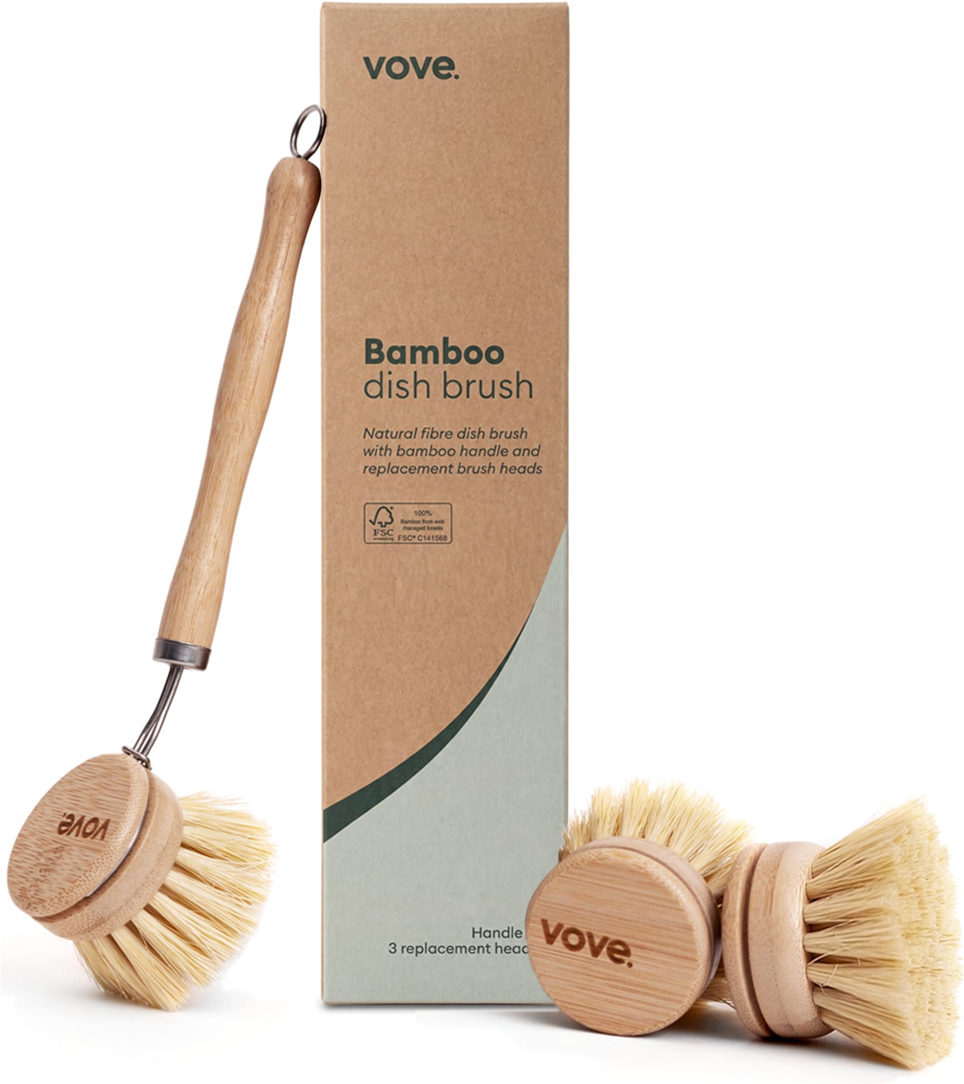 Vove | Premium Bamboo Dish Brush | Long Handle Brush With 3 Replacement Heads | Natural Fiber | Eco-Friendly | Plastic Free | Wooden Dish Brush | Long Lasting | For Washing and Cleaning