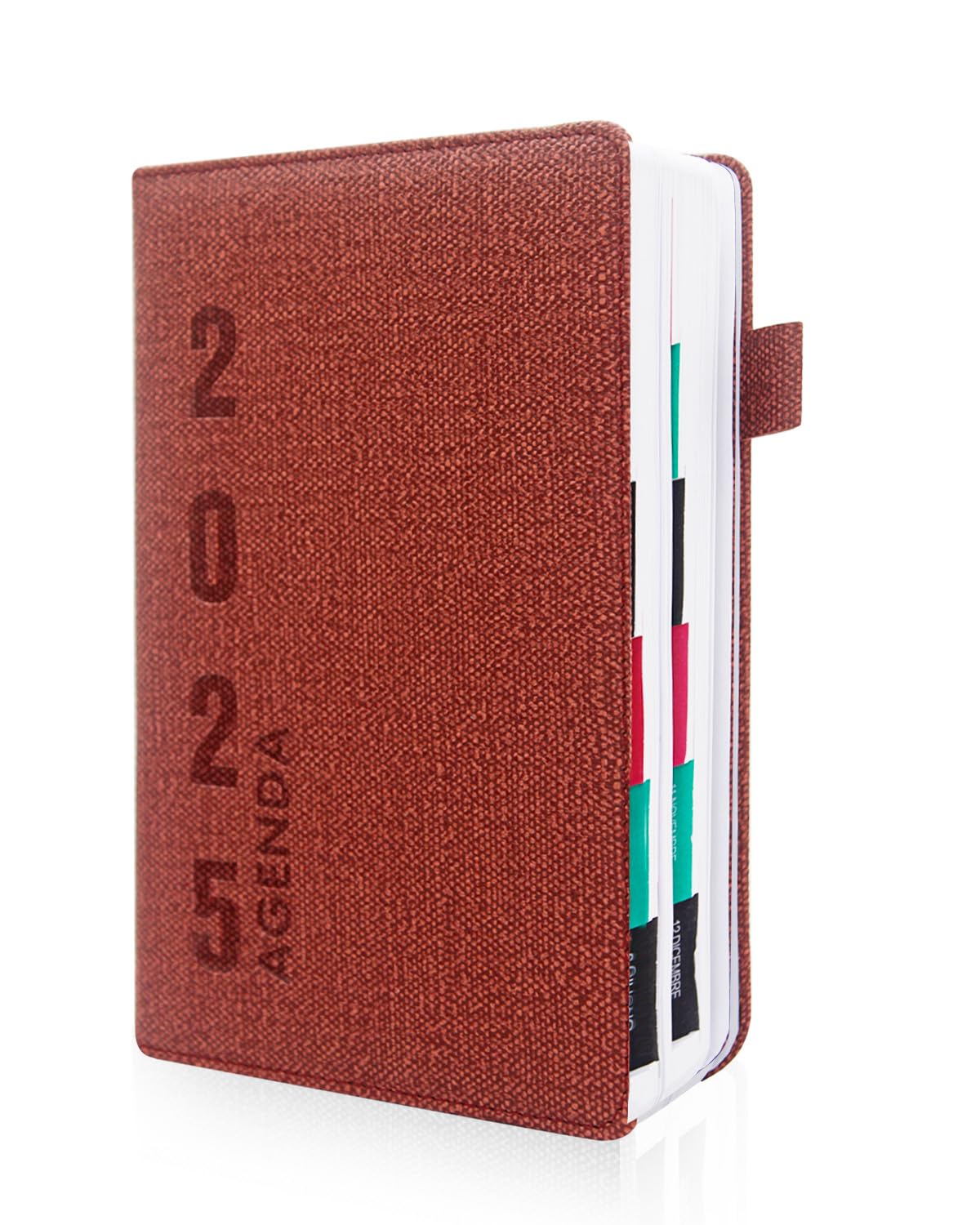 HW CASA Modello di Lino Agenda 2025 Giornaliera,Una Sola Pagina per Un Solo Giorno,Copertina Rigida in Pelle PU,Formato A5,200 Pagine,Etichette Mensili Colorate,Passante per Penna e Elastico (Rosso)