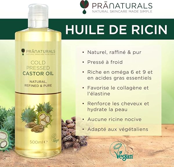 PraNaturals Huile de ricin pressée à froid 500 ml – 100% naturel végétalien pure, pour la croissance des cheveux et les cils, plus doux pour la peau et le visage. - 2