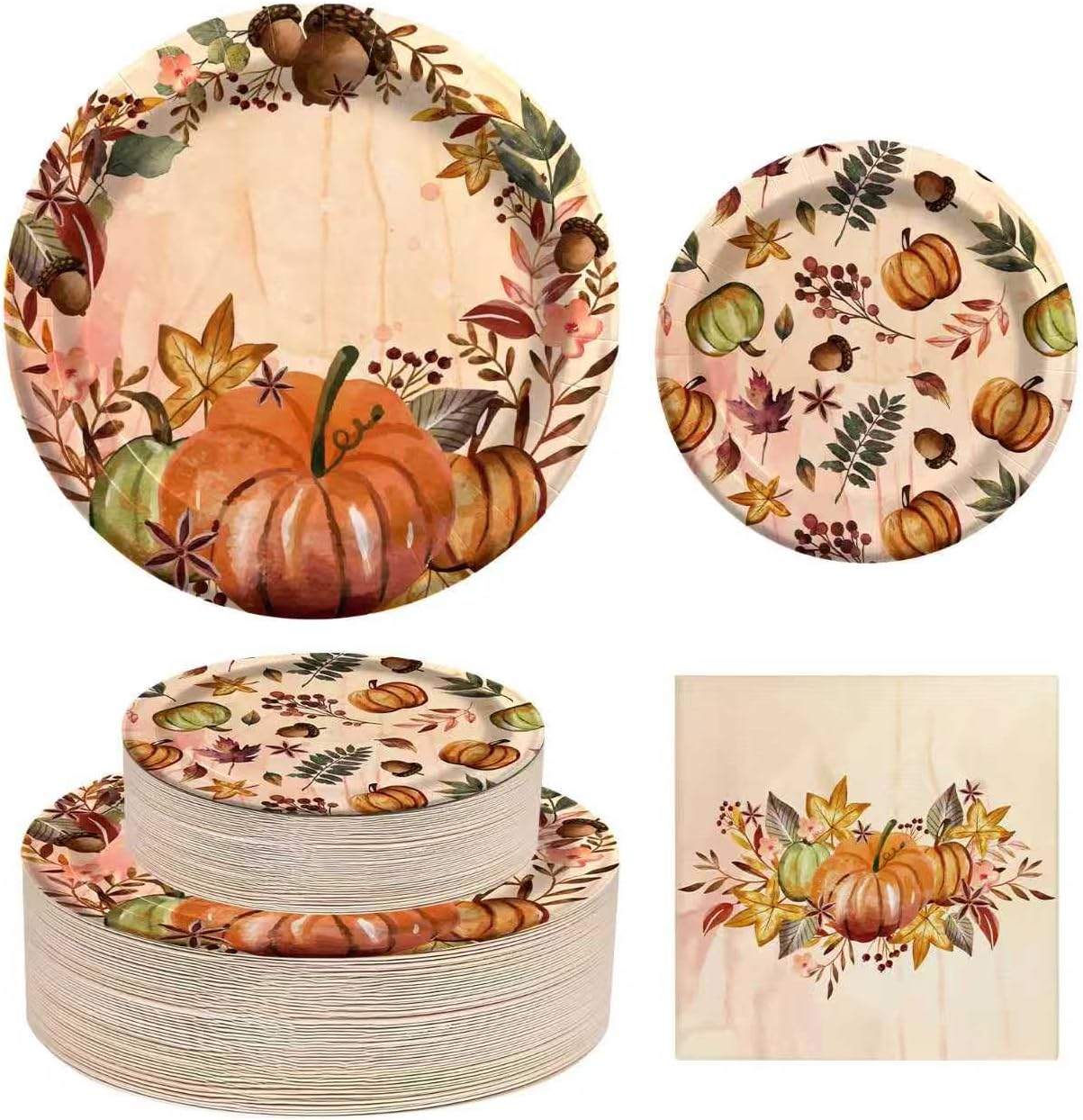 Fall Paper Plates and Napkins Set 150 Count, 10'' and 7'' Heavy Duty Disposable Plates, Thanksgiving, Fall, Autumn Harvest Party Decorations Supplies, Serve 50