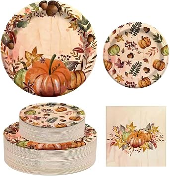 Fall Paper Plates and Napkins Set 150 Count, 10 and 7 Heavy Duty Disposable Plates, Thanksgiving, Fall, Autumn Harvest Party Decorations Supplies, Serve 50