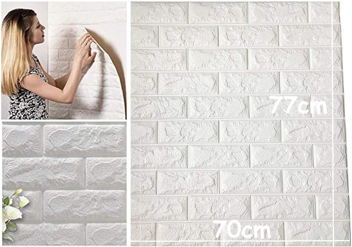 Tony Stark Self Adhesive| PE Foam| Peel and Stick| Easy to Paste| Waterproof| 3D Brick Wall Stickers Panel or Wallpaper for Wall Home Décor, 70 X 77 cm (White, 4 Pieces).