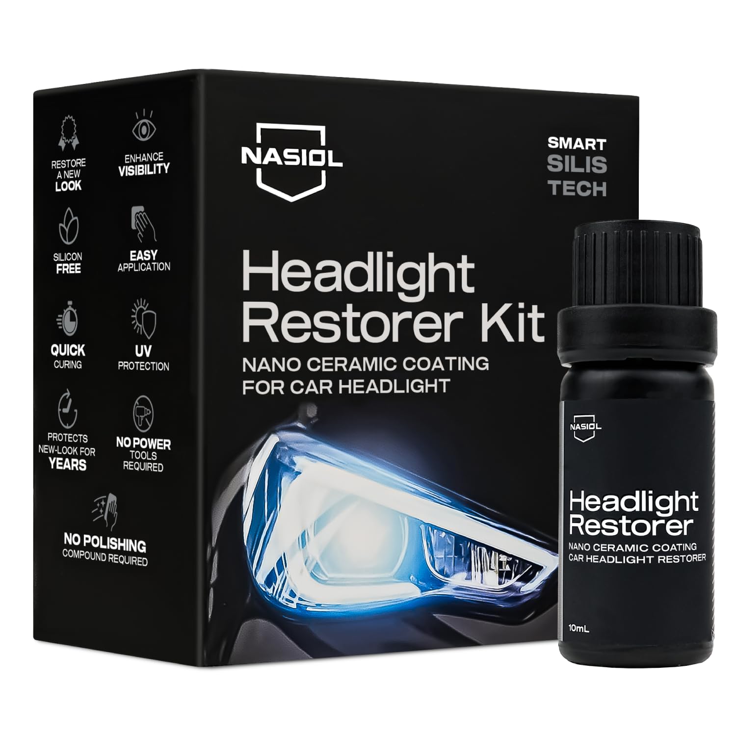 Nasiol Headlight Restorer, Nano Ceramic Restoration and Protection Kit, Easy to Use, Bring Back The Natural Appearance, Ultimate UV Protection, 3+ Years Durability