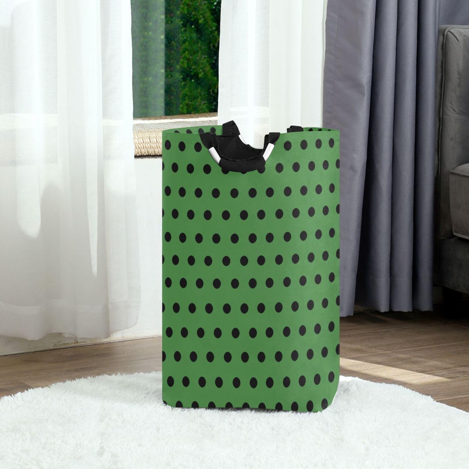 Jihqo Laundry Hamper Basket Polka Dots Green Black Collapsible Nursery Storage Bin Waterproof Clothing Baskets for Home Bedroom Bathroom Washing Room