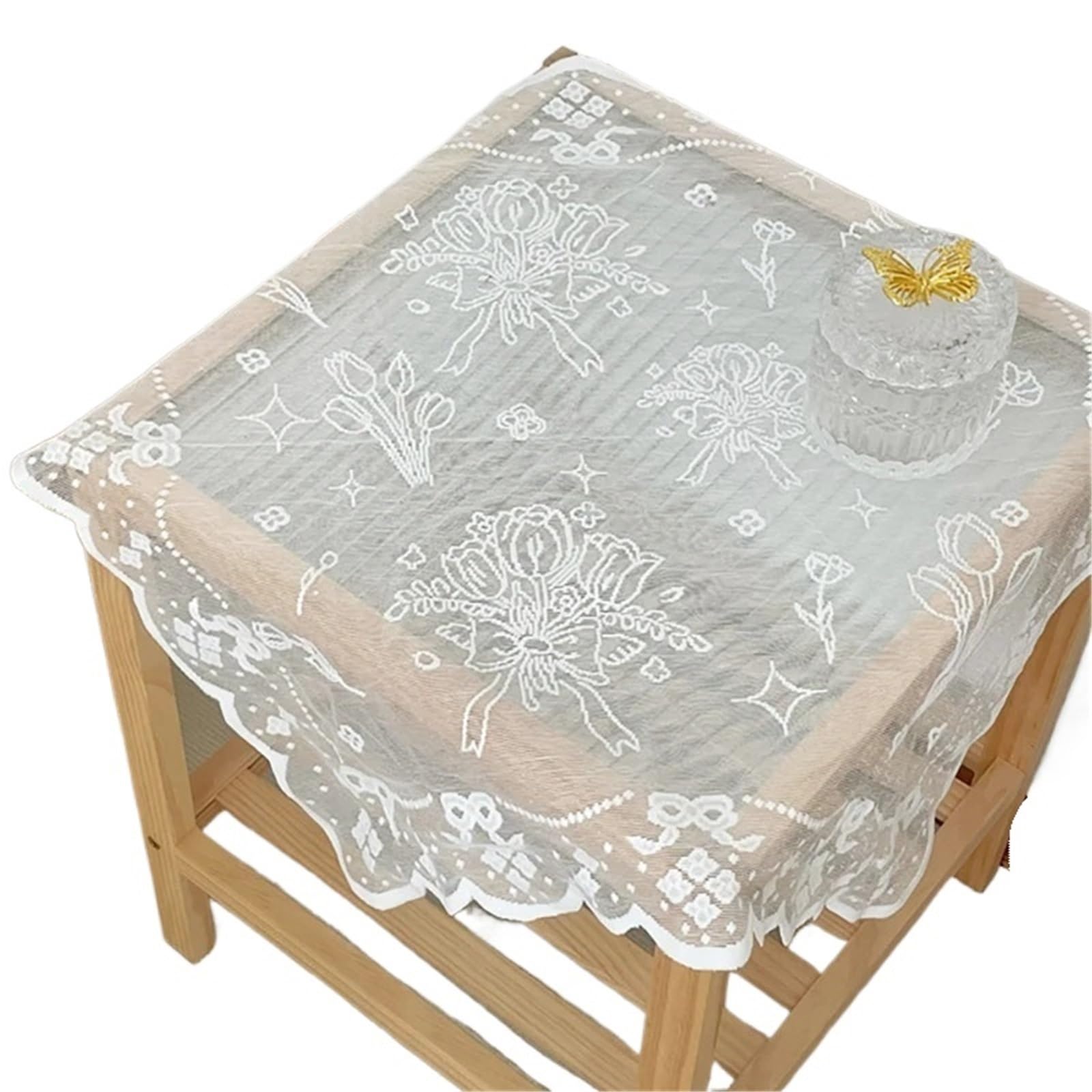 VIOLDHHJK Lace Tablecloth Tulip Bouquet Lace Tablecloth, Coffee Table, Bedside Cover, Plain White Three-Dimensional Runner(90x90cm)