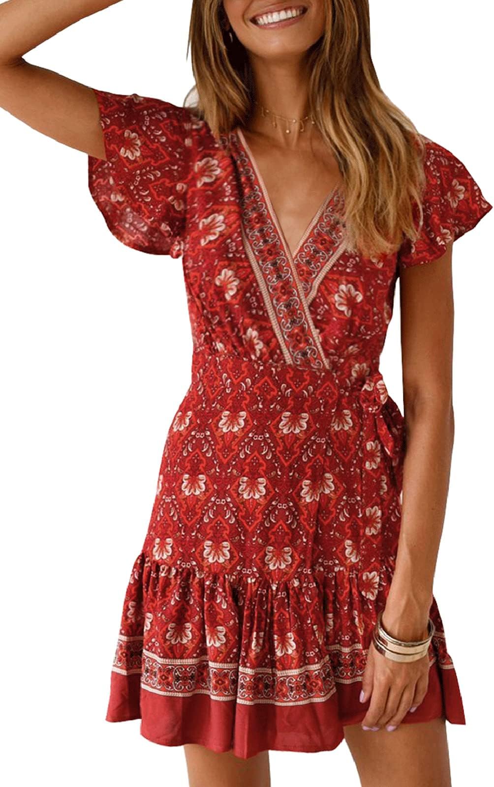 ZESICA Women's 2024 Summer Wrap V Neck Bohemian Floral Print Ruffle Swing A Line Beach Mini Dress