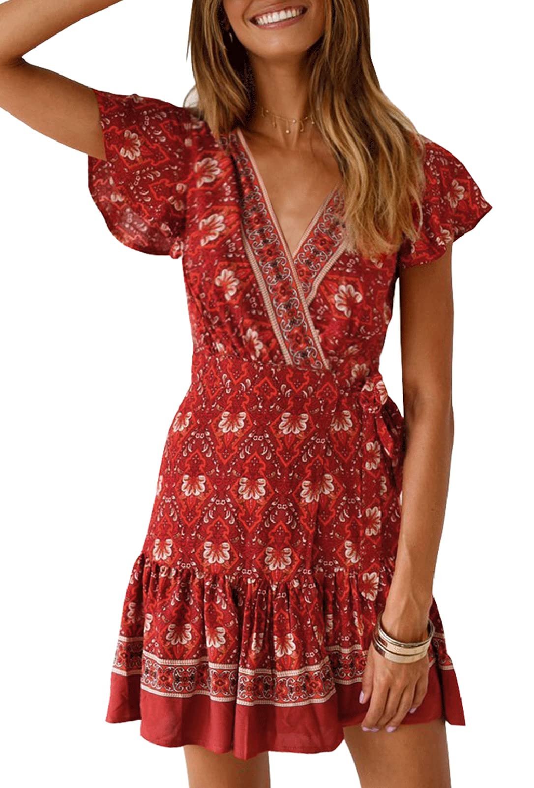 ZESICA Women's 2024 Summer Wrap V Neck Bohemian Floral Print Ruffle Swing A Line Beach Mini Dress