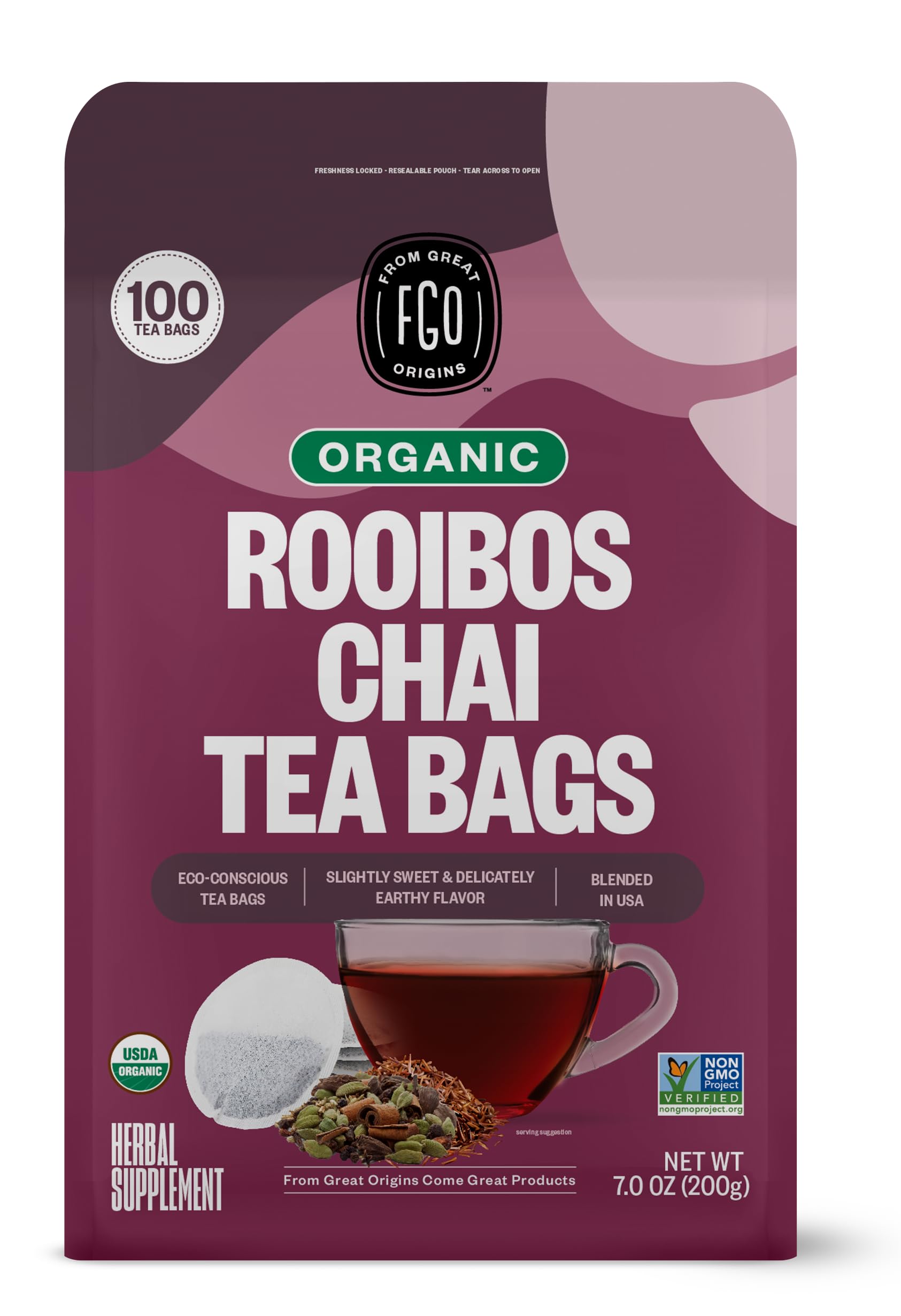 FGOOrganic Rooibos Chai Tea, 100 Count, Eco-Conscious Tea Bags, Resealable Bag, Packaging May Vary (Pack of 1)