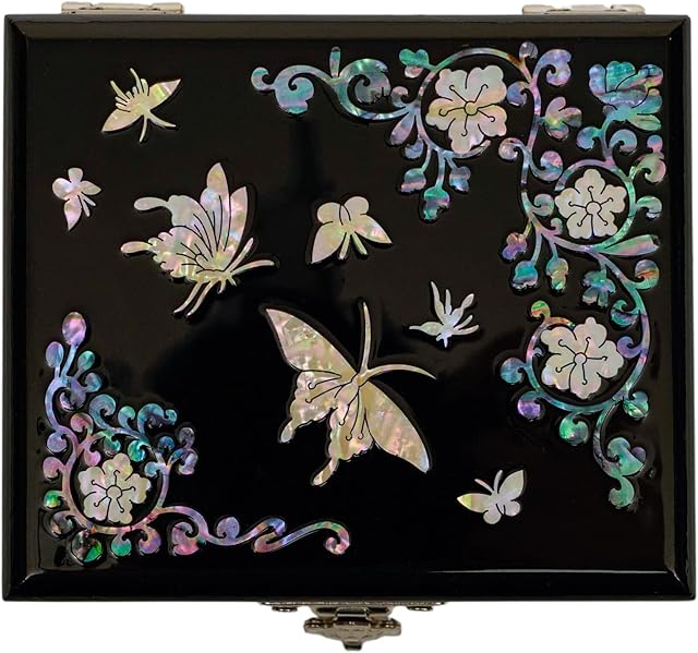 February Mountain Mother of Pearl Peacock Small Jewelry Box - Mini Organizer for Earring Necklace Ring & Bracelet Jewelry Display Storage Case for Woman Unique Gifts (Butterfly Floral)