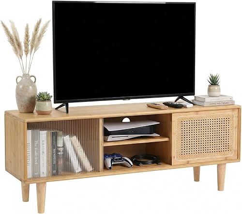 Vista 10 de Welnow - Soporte de TV de bambú para hasta 65 pulgadas, centro de entretenimiento moderno de mediados de siglo con estantes abiertos de 2 niveles