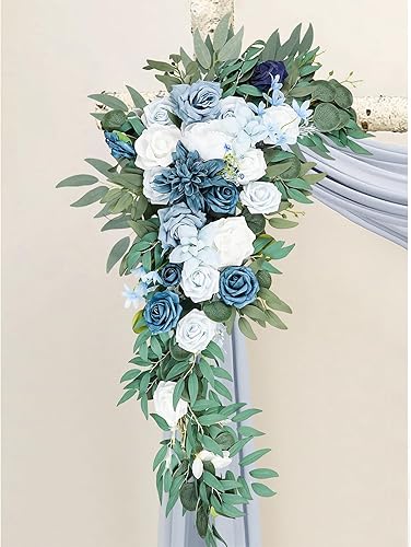Miniatura 6 de Emivery Kit de flores de arco de boda (paquete de 4) arreglo floral azul polvoriento con 2 piezas de tela drapeada, guirnalda de flores artificiales