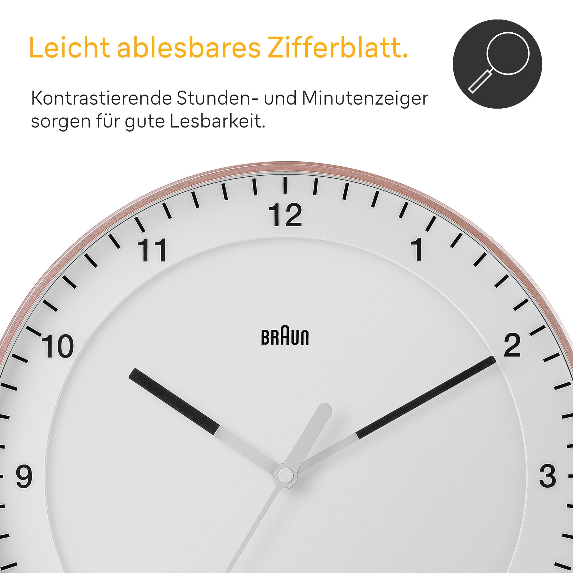 Braun Klassische große analoge Wanduhr geräuschlosem Sweep-Uhrwerk, leicht ablesbar, 30 cm Durchmesser in Rosé und Weiß, Modell BC17PW.