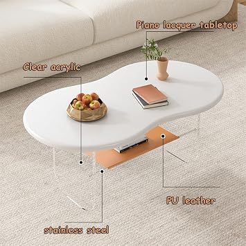 Coffee Table 2-Tier Coffe Table with Storage Acrylic Center Tables Sofa Desk Modern Tea/Snack Breakfast Serving Table Living Room End Table Easy to Install and Space Saving(White,98*55*42cm)