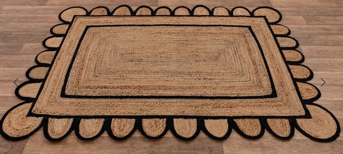 Tapis indien tressé à la main avec motif festonné en jute respectueux de l'environnement et durable pour salon, chambre à coucher (noir naturel, 120 x 180 cm, forme ovale)