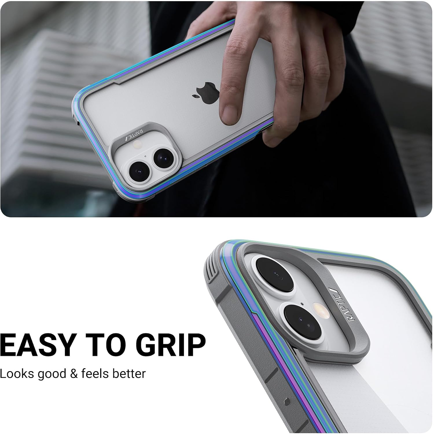 RAPTIC Shield for iPhone 16 Case, [for 2024 Capture Button Shockproof Protective Clear Case], Military Grade 13ft Drop Tested, Durable Aluminum Frame, Anti-Yellowing Case, 6.1 inch, Iridescent