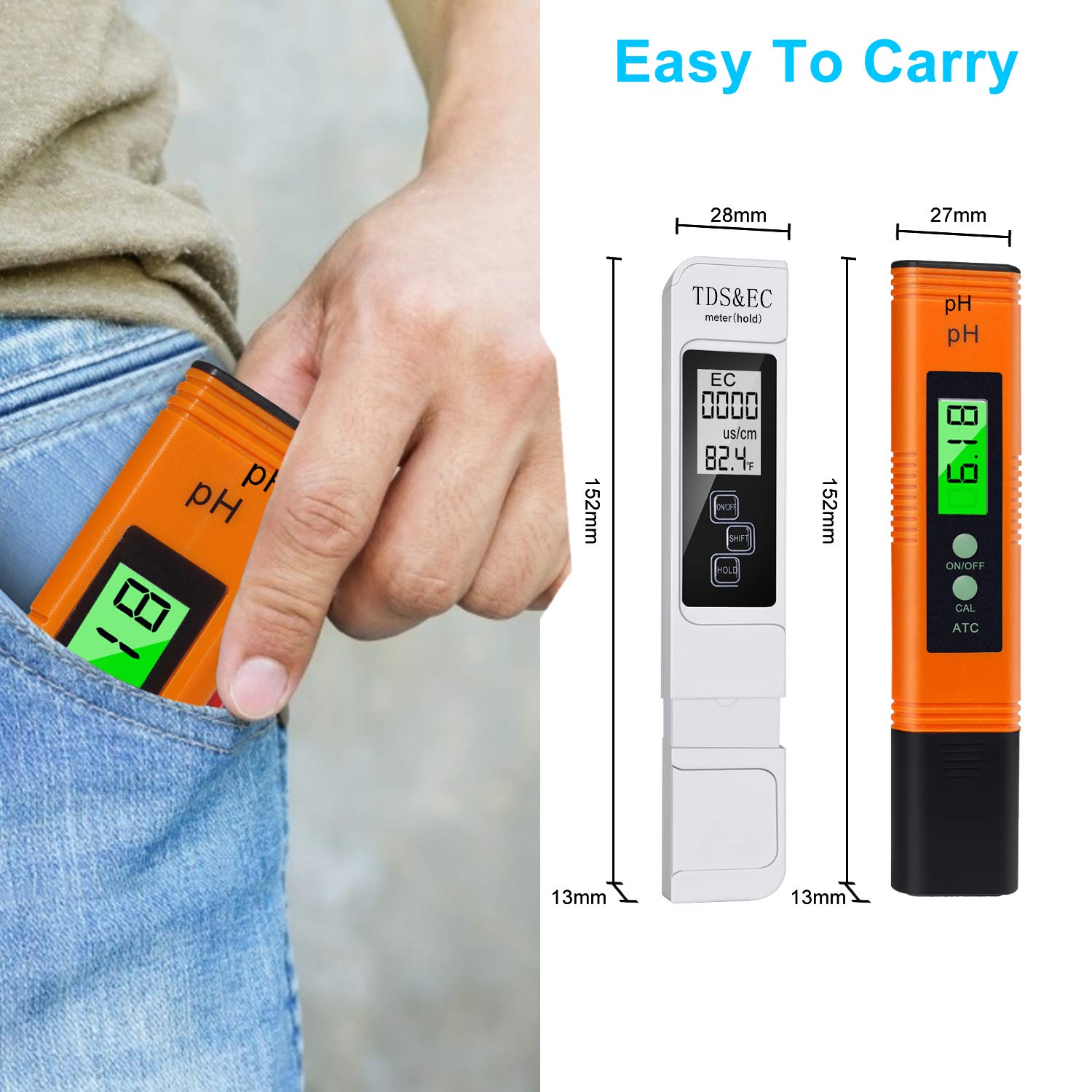 OQTO PH Meter and TDS Meter Combo, 0.01 PH High Accuracy Water Quality Tester with 0-14 pH Measurement Range, 3 in 1 TDS EC Temperature Meter with Hold Function