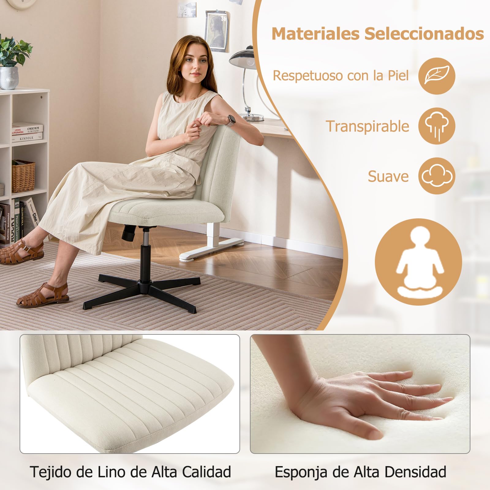 COSTWAY Silla Escritorio sin Brazos, Silla de Oficina con Tela de Lino, Mecedora 120°, Altura Ajustable, Silla Tocador con Piernas Cruzadas Estudio Dormitorio Oficina, 71 x 66 x 78-91,5 cm (Beige)