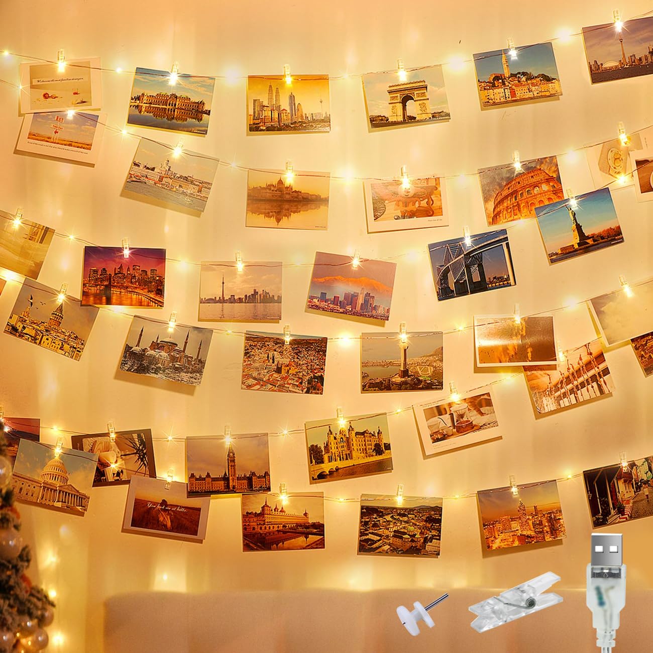 litogo 12M 120LED Fotoclips Lichterkette, USB, für Zimmer Deko Fotos Wand mit 60 Klammern Bilder für Wohnzimmer, Weihnachten, Hochzeiten, Party Warmweiß