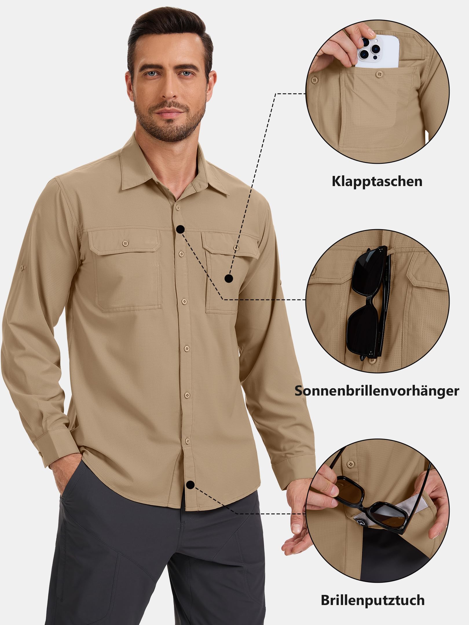 Safari Hemd Herren UPF50+ UV Schutz Outdoorhemd Wanderhemd Herren Funktionshemd Atmungsaktiv Schnelltrocknend Freizeithemd Button-Down-Hemden