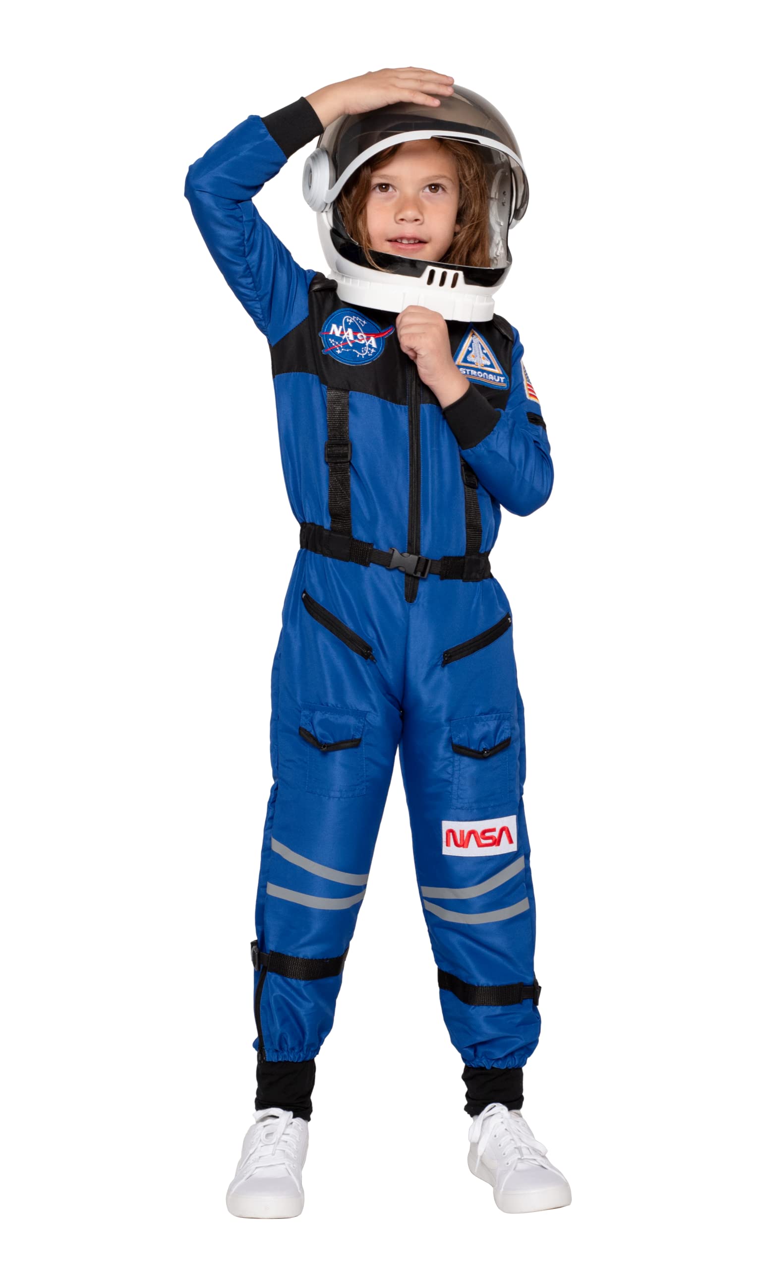 Spooktacular Creations Costume da astronauta blu con casco per bambini, tuta spaziale, tuta spaziale, costume da pilota NASA per bambini e bambine, gioco di ruolo per finta XS (3-4 anni)