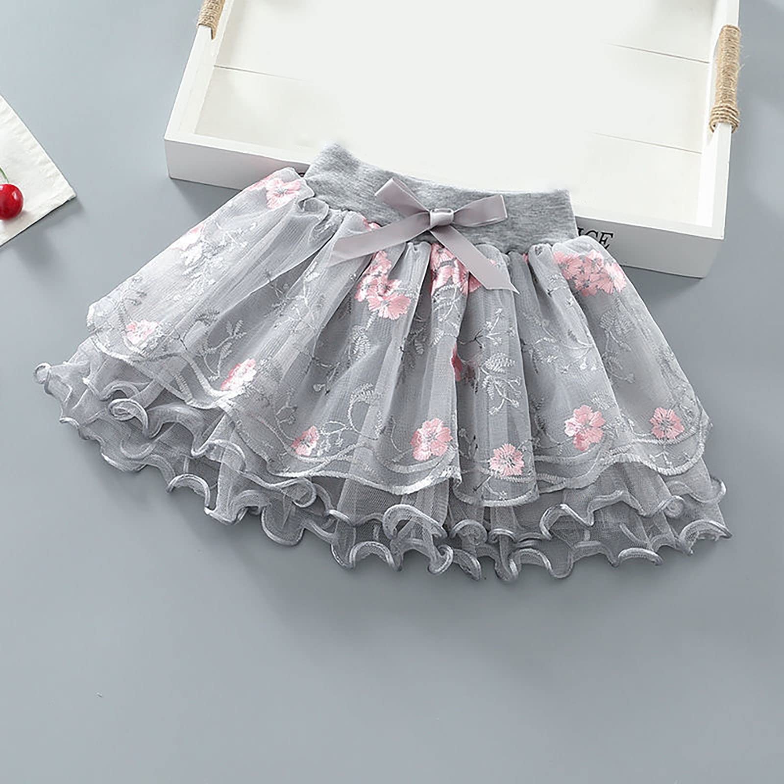 RNTOP Baby Girls Floral Embroidered Tutu Skirt Kids Layered Tulle Tutus Skirt Bow Princess Skirt Toddler (Grey, 3-4 Years)