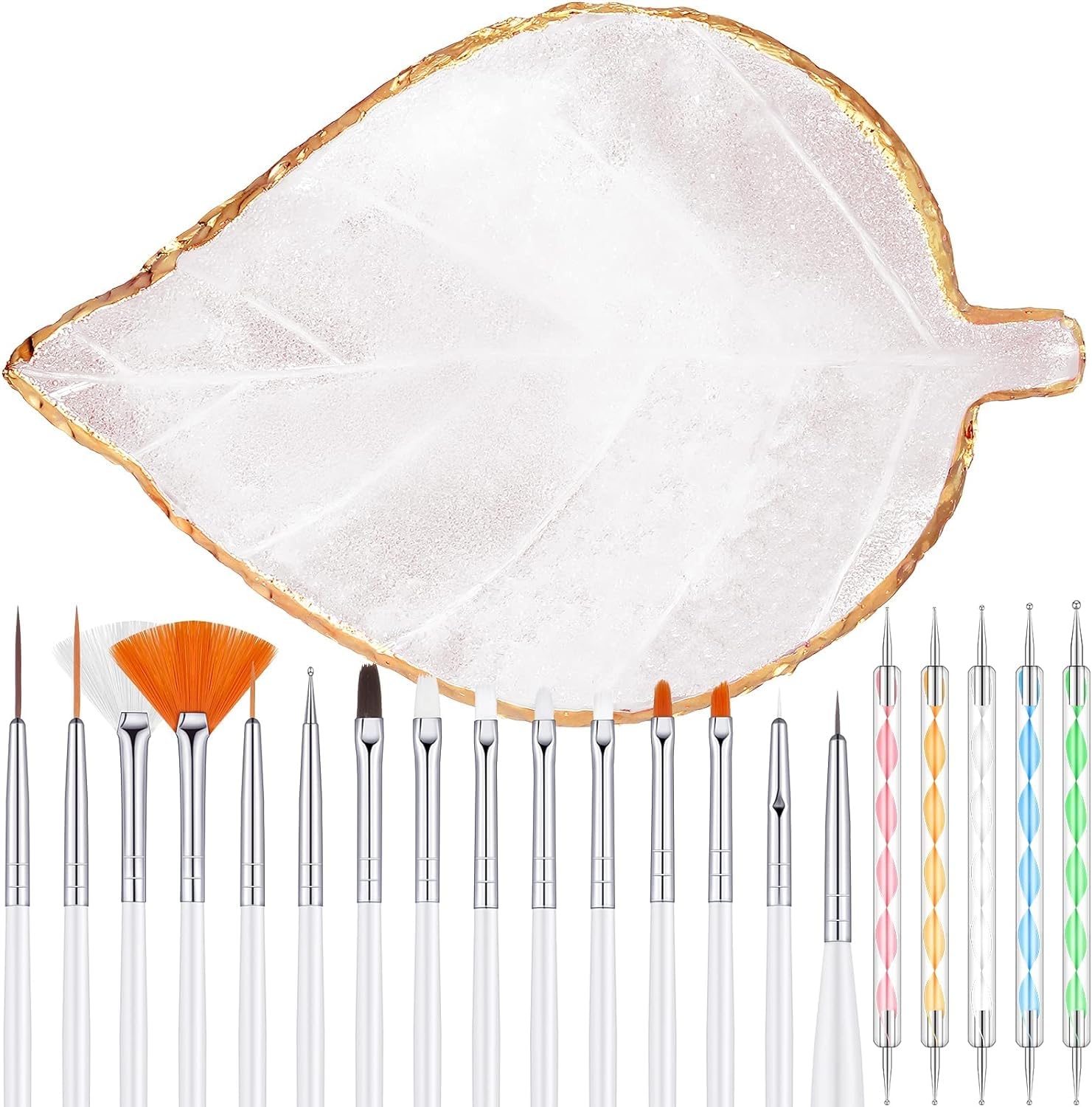 21 Pieces Nail Art Tools Kit, Resin Nail Art Palette Leaf Shape Mixing Palette and 20 Pieces Nail Art Design Brushes Golden Edge Resin Nail Holder Nail Gel Polish Colors Mixing Pallet (White)-image-20